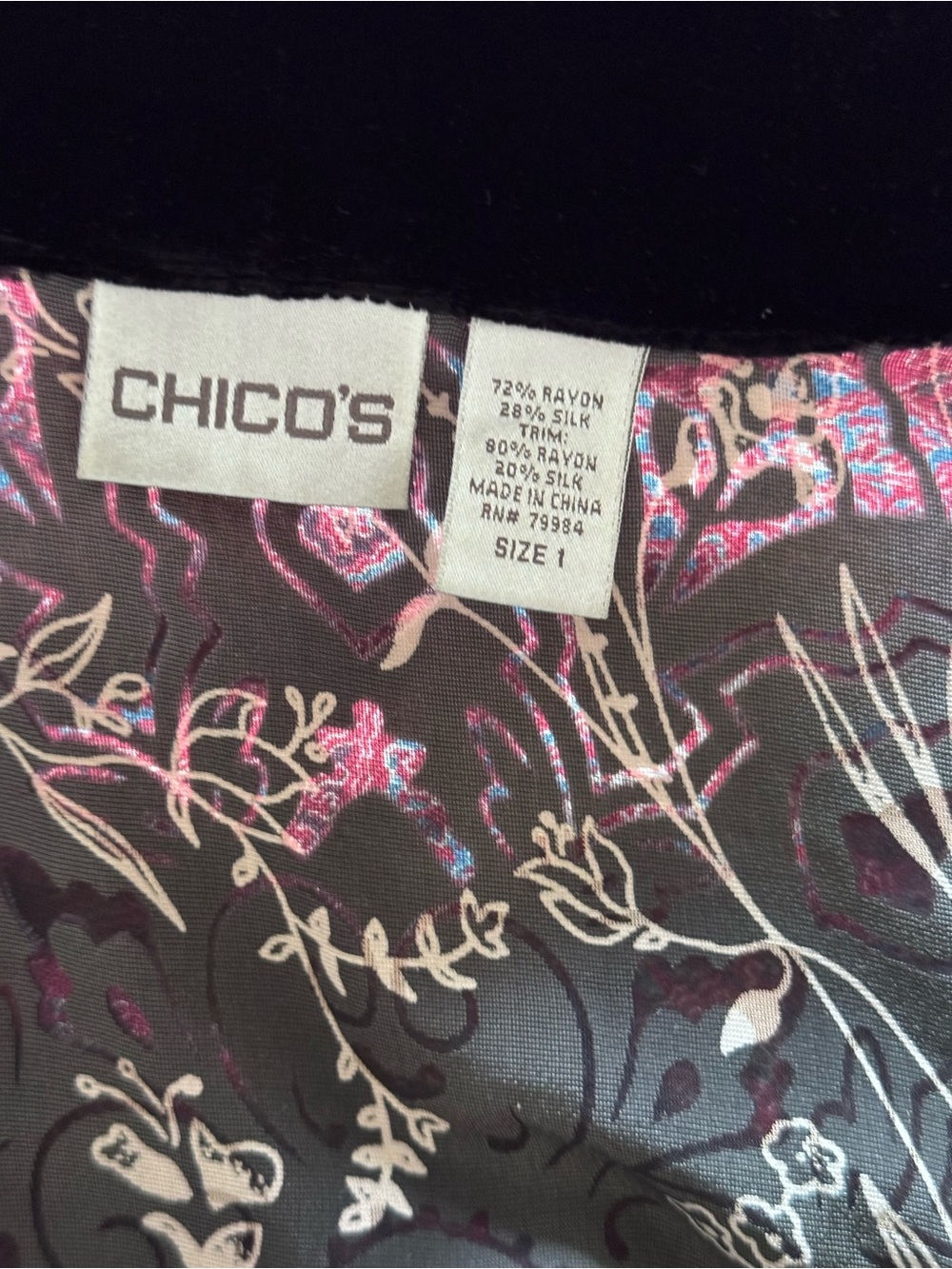 Chico's Velvet Open-Front Jacket in Black and Silver Floral Print - Picture 10 of 10